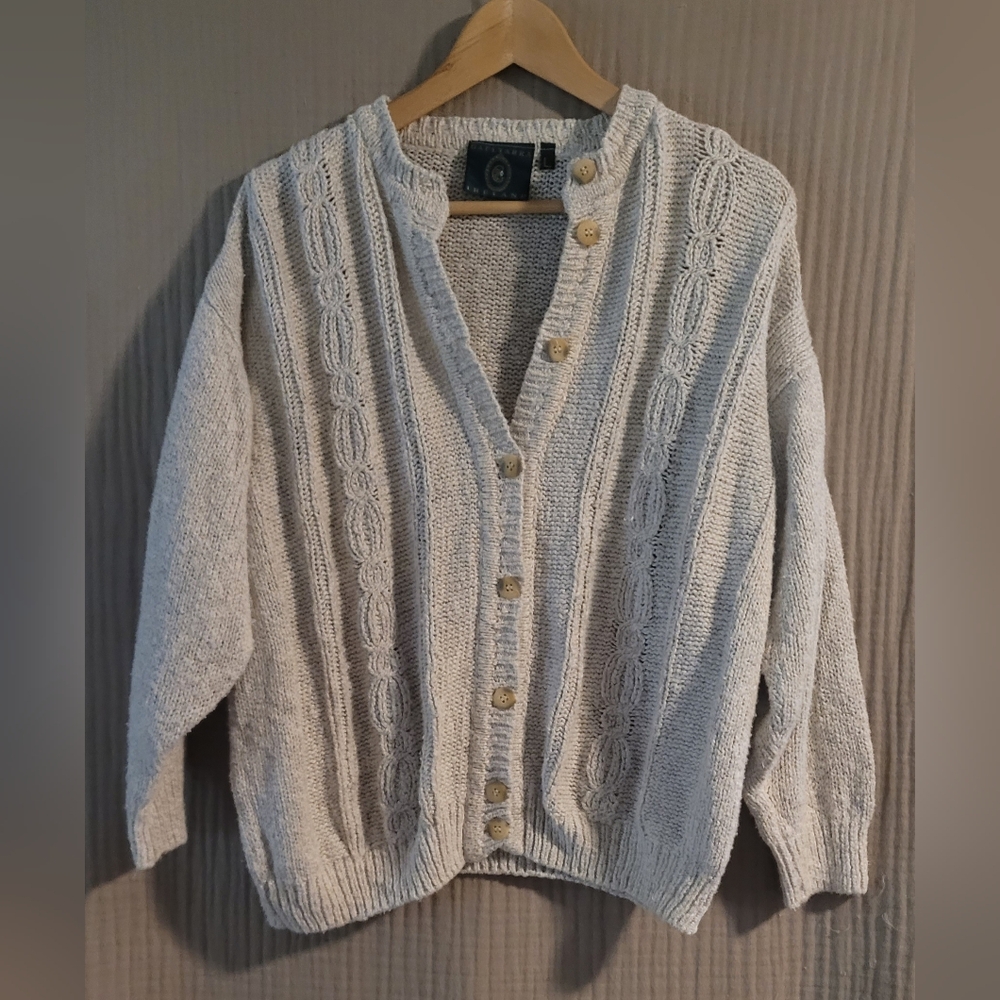 Gaeltarra of Ireland Vintage Cream Cozy Chunky Knit Button-up Sweater Size L